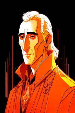 A portrait of Christopher Lee in his thirties as an elf mage, dressed in an expensive orange medieval shirt, in the style of Genndy Tartakovsky, long pointy elven ears, dark background