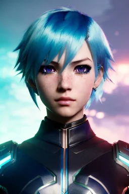 Cyborg anime warrior, light blue hair, short and messy hairstyle, pierced ears, green eyes, clear complexion waist up portrait, 8k resolution, intricate details, ornate details, soft lighting, vibrant colors, retroanime, masterpiece, intricate eyeliner, dark eyeshadow, eyes, intricate tattoos, futuristic cityscape background