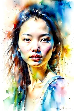 watercolor painting of a beautiful portrait of a 25 year old asian woman, realistic skin texture, looking into the camera, Anna Razumovskaya style, atmospheric light, realistic colors