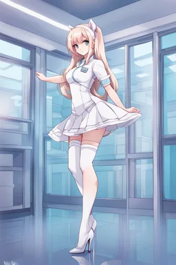 (full body:1.5)，(1girl:1.3),(view the viewer:1.4)，(anatomy correct:1.4),(Opaque pantyhose and pointed thick heels :1.3),(Dancing in the hospital:1.2),(Wearing a vanilla ice color sleeves mini dress :1.2),(Extra Long blonde Hair:1.2),(Accurate and perfect face:1.3),(Long legs and big feet:1.3),hyper HD, Ray traching, reflective light， structurally correct, Award-Awarded, high detail, lighten shade contrast, Face lighting ，cinematic lighting, masterpiece, super detailing, high quality, high detail