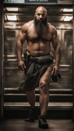 full figure photography of an ugly dirty arab burly muscular beefy strong man 47 years old with raided beard, shaved hair,, manly chest, hairy , ajar mouth, photorealistic ,shirtless, bulging shorts, side light, inside a crowded subway station , neon lights