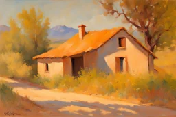 sunny day, mountains, trees, dirt road, countryside, nostalgy influence, adobe house, wilfrid de glehn and rodolphe wytsman impressionism paintings