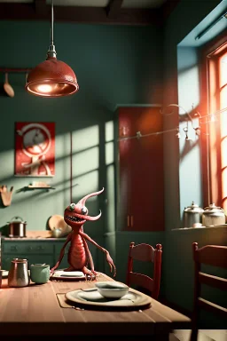 Kitchen scene with a red big moppet monster, realistic photo, Tim burton style, concept art, smooth, unreal engine 5, god lights, ray tracing, RTX, lumen lighting, ultra detail, volumetric lighting, 3d.