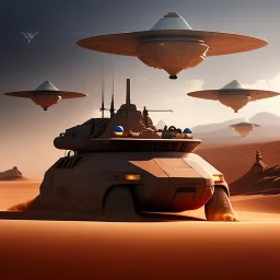 volumetric desert environment, Ralph McQuarrie style painting, armored hovercraft, highly detailed