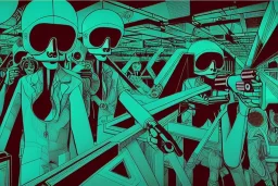 Dark green to cyan body color. Girls with slim body. Pointing with a hand gun. Man behind the image. Cyber-punk. Surrealistic, no eyes. Red and blue mathematical 3D-tiling. Escher tiling background. Oppressive atmosphere. Soviet propaganda. Partly symmetrical in relation to the movement. Perfect golden ratio in vertical and horizontal directions. Deep blue geometrical hexagon in 11th dimension. Narrow focal plane.