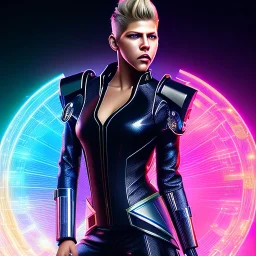 Katheryn Winnick, Cyborg anime warrior, cyberpunk, light black short hair, pixie hairstyle, cobalt eyes, waist up portrait, 8k resolution, retroanime, intricate details, neon details, soft lighting, vibrant colors, masterpiece, intricate eyeliner, dark eyeshadow, eyes, intricate tattoos, gradient background