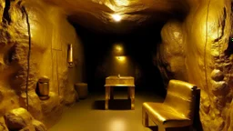 A tan cave filled with gold designed in Bayeux tapestry painted by Mark Rothko