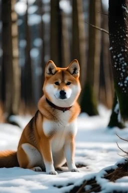 beautiful dog girl Shiba Inu is sitting in a clearing, surrounded by trees, snow