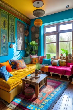 A vibrant house in the style of Bohemian with a view from the outside