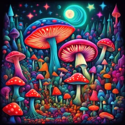 Surreal Cubist Dreamscape; by Picasso, surreal Psychedelic Toadstool, glowing neon