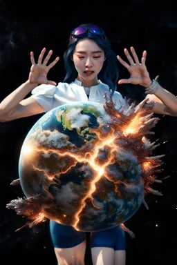 An image of a young Korean woman with a eyes closed expression happy, holding her hands up as if she is reacting to a catastrophic event in front of her. Film, cinematic, realistic, extreme depth of field, She is wearing a white blouse with detail, blue shorts, and sunglasses pushed up onto her head. In front of her, there is a highly detailed planet resembling Earth, dramatically cracking and breaking apart with fiery explosions and molten lava visible at the fractures.