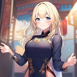 Clear focus,High resolution, Light Blonde hair, and blue eyes, kawaii style, wearing a Chinese Traditional dress, Blushing