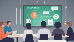 An image that conveys achieving success and skill development. The image depicts a group of individuals gathered in an inspiring teamwork session. They appear engaged in discussion and constructive exchange of ideas. In the background, a screen displays a chart or a conceptual map indicating various goals and pathways. Everyone appears enthusiastic and dedicated to collaborative work and continuous learning. The image reflects collaboration and a focus on achieving success through skill develop