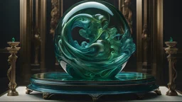 High-end, Die Partei sculpture, green blue glass 4th dimensional liquid space, awesome cinematic-quality photography, Art Nouveau-visuals, Vintage style with Octane Render 3D technology, hyperrealism photography, (UHD) with high-quality cinematic character render, Insanely detailed close-ups capturing beautiful complexity, hyperdetailed, intricate, 8k