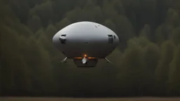 sleek cargo spacecraft landing in a clearing surrounded by trees