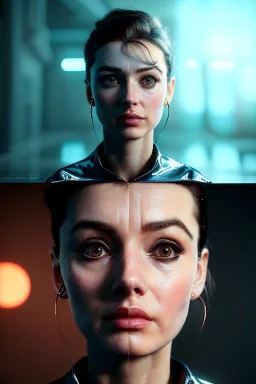 Ultra Realistic retro sci-fi scene, portrait, brunette woman, Audrey Hepburn face, perfect iris, glow eyes, makeup. Aliens background, Retro sci-fi style, helmet, tight latex coat, fog, rain, soft color, highly detailed, unreal engine 5, ray tracing, RTX, lumen lighting, ultra detail, volumetric lighting, 3d, finely drawn, high definition, high resolution.