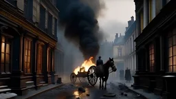 dusting of snow, Victorian London Street in ruins, flames and smoke billows from smashed windows, a horse is running down the road in flames Apocalyptic, photo-realistic, widescreen, cinematic,