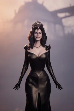 Julia Roberts as evil queen in black leather gown, evil, busty, cleavage, curvy, angry, happy, stern look. character design by cory loftis, fenghua zhong, ryohei hase, ismail inceoglu and ruan jia. unreal engine 5, artistic lighting, highly detailed, photorealistic, fantasy