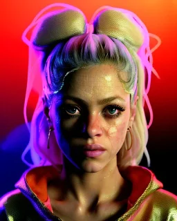 portrait, Shakira, blonde artist, angry, Realistic image, MMA robe, hoodie, mma gloves, loose long hair, eyes make up, gold line make up, moisture, sweat, fog, Neon colors, leds. Black background, photo studio, concept art, smooth, unreal engine 5, god lights, ray tracing, RTX, lumen lighting, ultra detail, volumetric lighting, 3d, finely drawn, high definition, 4k.