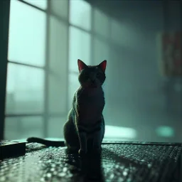 Cyberpunk,cat in night city on the rain unreal engine 5, octane render,cinema4d, dynamic lighting, 8k, redshift render, highly, hyperrealism ultra realistic, hyper realistic.