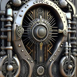 highly detailed industrial gate with cogs details, pipe installation, shinning metal, stainless steel glossy, futuristic, Super detailed 3d , ethnic details, intricated details, as trending in artstation,