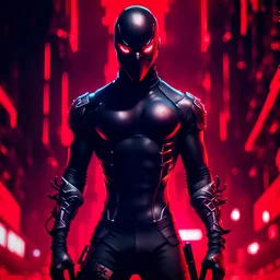 Masked male assassin in a tight bodysuit, in 8k, nier automata drawing style, venom theme, cinematic, cyberpunk background, red lighting