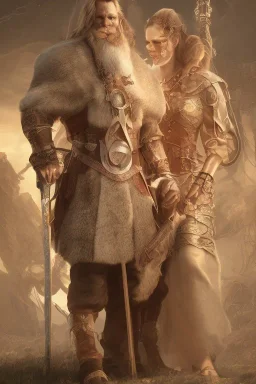 Viking style, 8K, a Highly detailed stunning portrait of Dom man with a kneeling submissive woman, white suit, beard, and short hair, bad boy,