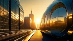 Calle vacía de una ciudad futurista al amanecer, dos rascacielos de cristal curvado enfrentados, un tren magnético suspendido cruzando silenciosamente entre ellos, luz dorada suave, diseño depurado y atmósfera contemplativa.