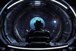 [movie shot by H.R. Giger in Verve colour palette] Cinematic side-profile of a pilot in a futuristic spaceship, slammed into his seat by extreme G-forces. Facial features strain under pressure. A round porthole beside him shows the dark void of space with faint star streaks. Cockpit illuminated by glowing panels and dramatic rim light, high-detail realism.