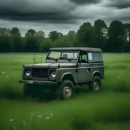A gray Land Rover in a green meadow with stove ashes next to it