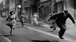 Creatures from 'Fiend without a face' chasing a woman down a street, 1950s noir
