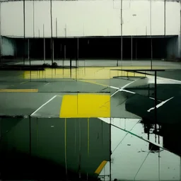 Minimal abstract oil paintings desolate 1960s carpark concrete fragments in a rain storm. style of Justin Mortimer and Francis Bacon. road markings.