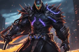 Venom Shredder in 8k solo leveling shadow artstyle, hanzo them, close picture, rain, Shredder helmet, neon lights, intricate details, highly detailed, high details, detailed portrait, masterpiece,ultra detailed, ultra quality