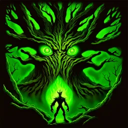 90's TCG art retro fantasy art of heroic tree creature with glowing green eyes