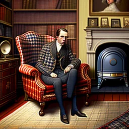 An English gentleman wearing a checkered tweed jacket, wearing slippers, sitting in a wing chair by the burning fireplace, listening to music emanating from an old gramophone, in the background an antique radio receiver standing on a dresser, a bookcase and an oil painting of Queen Victoria, realistic shot, taken indoors In yellowish light, nostalgic atmosphere, 12K