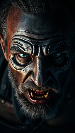 Busch painting style nightmare, a zoomed top view of a man his face is a broken metallic skin texture in a 3d rendering full-height image of a grim and dark scene. Ensure the final images exhibit the utmost quality, encompassing 4K, 8K, and 64K resolutions, with 3D rendering that manifests in photorealistic, hyperrealistic, and highly detailed representations. Employ techniques such as HDR, UHD,