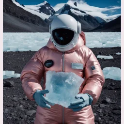 no face with mask,minimal ,Fashion film in the icefields of Patagonia, a stunning supermodel in an incomplete Astronaut pink bronze suit discover the icefields and giant iceblocks and icebergs using stunning poses we can see her face through the glass . Supreme landscape, inticate background and a minimalist composition that creates a great megalophobia effect. Old lens, old Kodak vision filmstock, 1600 iso.