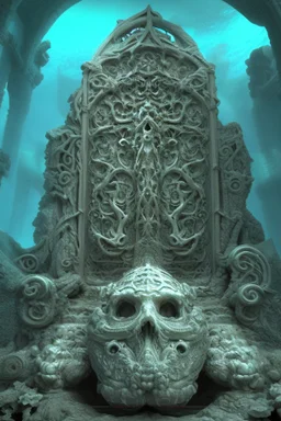 Underwater tomb, magnificent, majestic, highly intricate, Realistic photography, incredibly detailed, ultra high resolution, 8k, complex 3d render, cinema 4d.