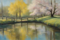 amazing sunny spring day, trees, flowers, fence, little pond, lesser ury impressionism painting