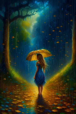 In the rain, she stands, her back to me, Long locks of golden cascading free. Clouds whisper secrets, raindrops softly fall, A night sky glistens, stars shining tall. Her imagination, wild and strong, Paints a world vibrant, where dreams belong. Colors blend like transparent hues unfurled, Creating a rain-soaked, dreamy wonderland world.