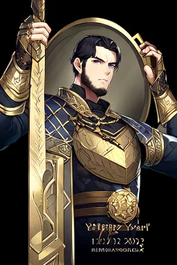 A handsome 30 year old knight, black hair, dark blue eyes, male bob haircut, in black-and-gold plate armor, no beard, european, portrait