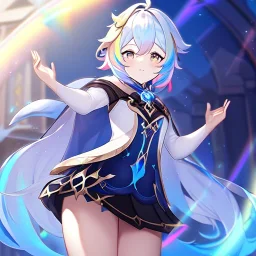 portrait of genshin from genshin ((genshin)) ((genshin ingame outfit)) wearing a short skirt, black and rainbow hair