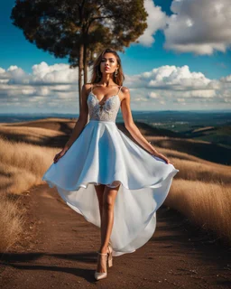 full-body closeup shot of a young, beautiful girl with a perfect face and makeup,wearing pretty dance dress standing in a stage in open air nice hills , blue sky ,pretty clouds at distant