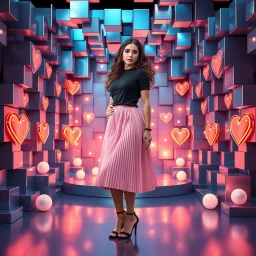 make a picture pretty stage made of metallic blue-gray teme 3d recursive cubic and sphere and heart simbol lights s base structures and a beautiful fashion model lady standing with cute in scene with sexy top and pretty pleated midi skirt ,makeup curvy long hair,dynamic camera zoom to full body and pan, dynamic lights.