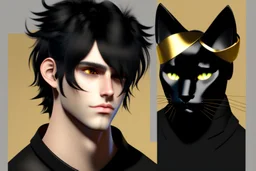 man with messy black hair, gold eyes, large black cat ears on his head, realistic