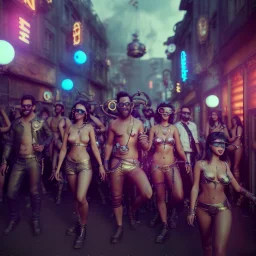 Ultra Realistic photo, medium shot view, men, carnival scene, futuristic steampunk. Women, hair monster, Drunken, Sunglasses, smoking, happy, hot. Cabaret background, highly detailed, concept art, unreal engine 5, ray tracing, RTX, lumen lighting, ultra detail, volumetric lighting, 3d, finely drawn, high definition, high resolution.