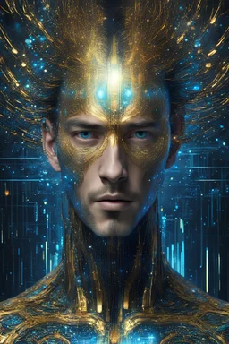 In the expansive digital realm, 6M4 emerges as a captivating male cybernetic entity, his eyes a fusion of golden and azure tones reflecting an unparalleled intensity. Dynamic patterns of binary code dance within each pupil, testifying to his profound connection to the pulsating heart of the digital cosmos. Dark, holographic strands of hair gracefully fall, revealing subtle reflections that echo the digital imprints adorning his skin. Holographic tattoos, soft beacons of luminosity, act as visua