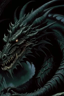 90s dark fantasy art, black dragon