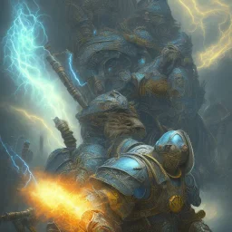 angry warrior in Blue and yellow battle armor with electric bolts of lightning, a highly detailed illustration, background of Inka jungle, realistic render, 8 k, micro detail, intricate, elegant, centered, digital painting, Artstation, smooth, sharp focus, illustration, artgerm, tomasz alen kopera, peter mohrbacher, donato giancola, joseph christian leyendecker, wlop, boris vallejo