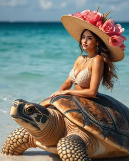 Best angle view photoshoot full body beautiful Supermodel sitting on ridding Big large turtle,she wearing luxurious shimmer hat large made from borroque elements flowers sea, sea shore.Sony Alpha 7 50mm realistic photography